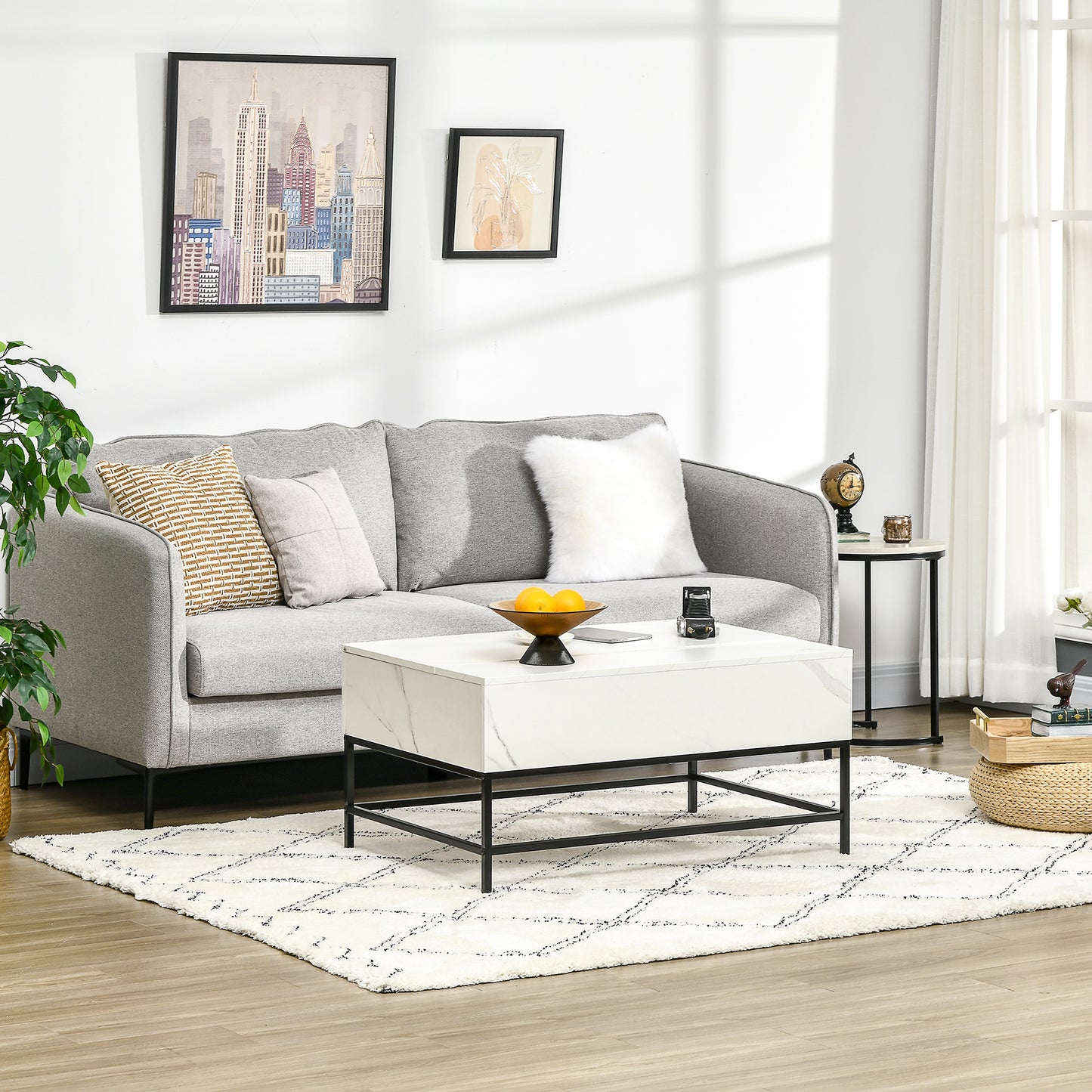 Rebafa Wooden Marble Effect White Lift Top Coffee Table With Hidden Storage