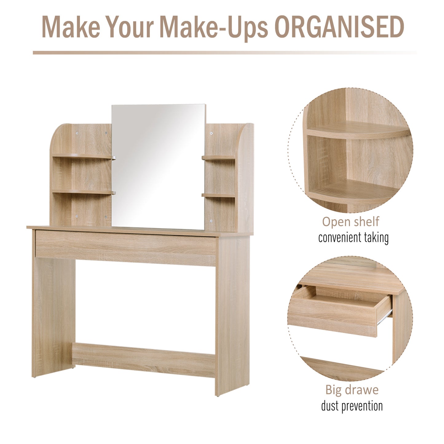 Vermani Natural Wood Dressing Table Desk With Mirror Large Drawers And 2 Tier Open Shelving For Bedroom