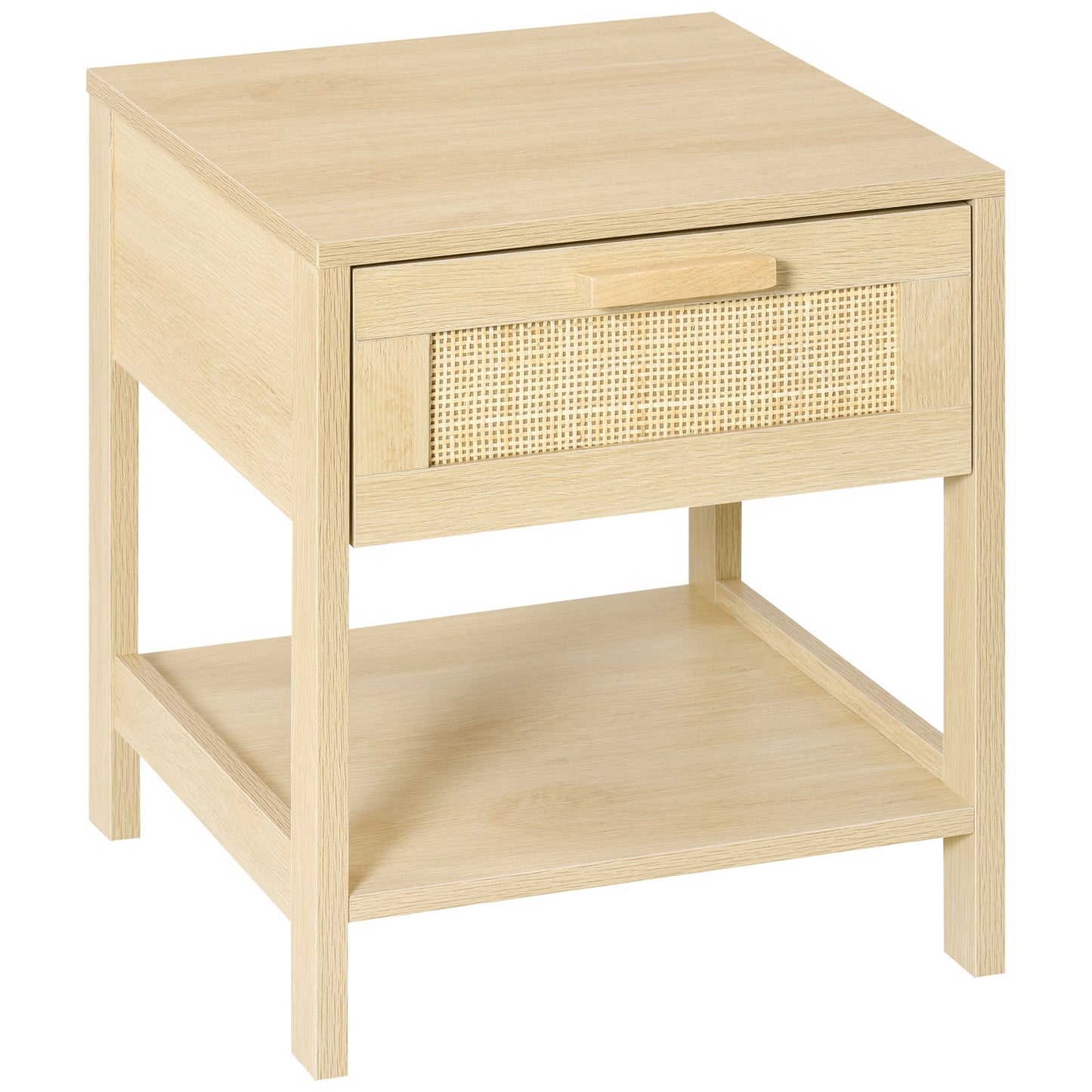 Tafa Natural Wood Bedside Table With Rattan Drawer And Open Storage Shelf