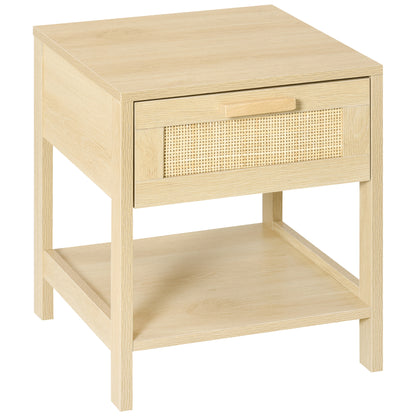 Tafa Natural Wood Bedside Table With Rattan Drawer And Open Storage Shelf
