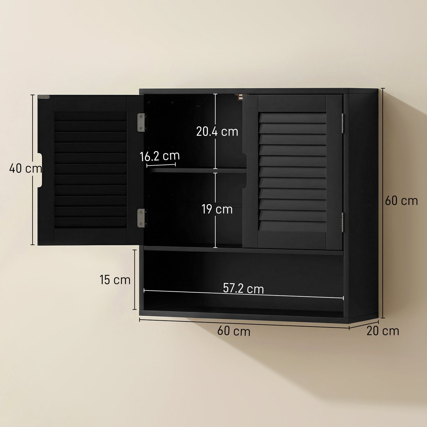 Neco Wall Mounted Bathroom Storage Cabinet With Adjustable Shelves Black 60 x 20 x 60cm
