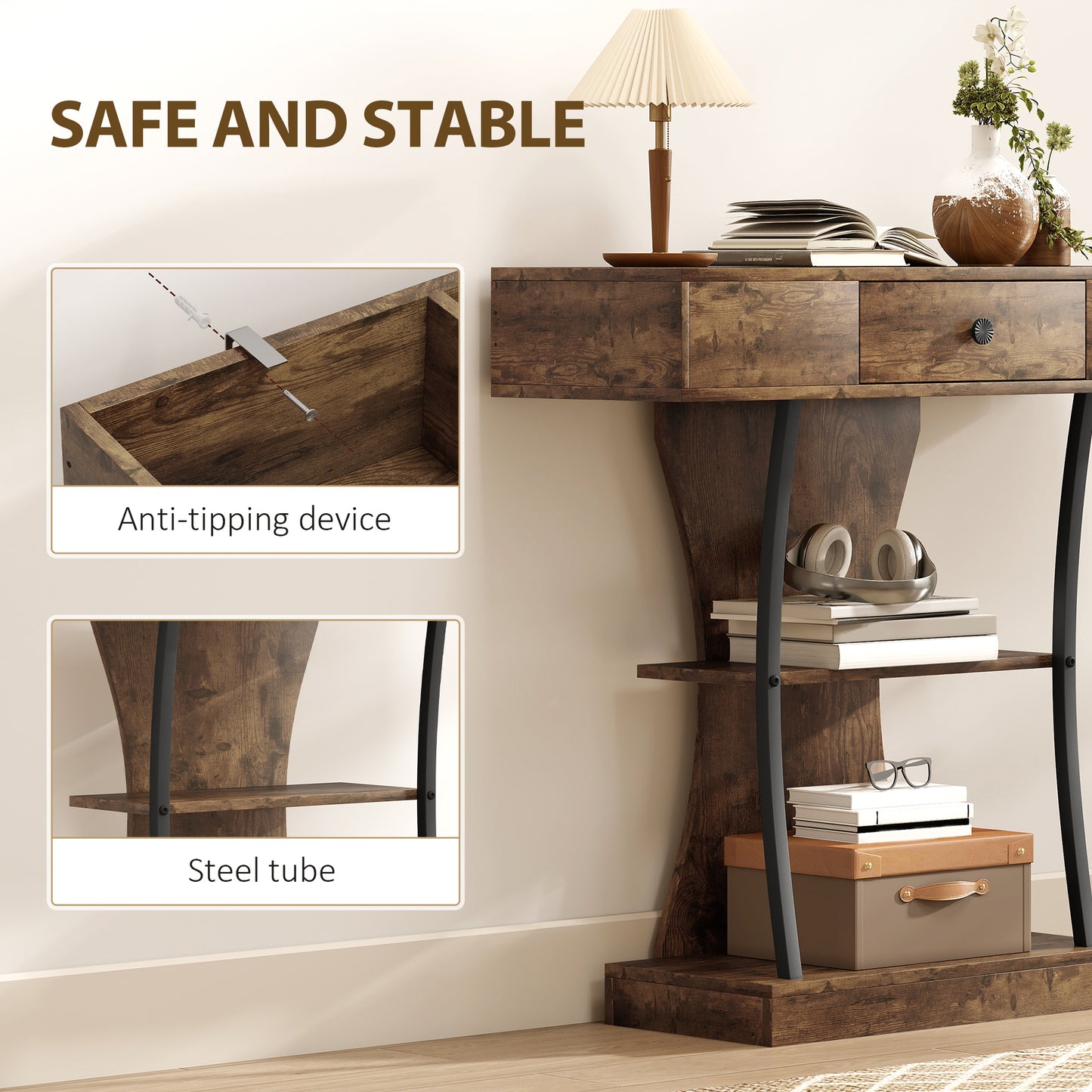 Rasana Metal And Wooden Rustic Brown 3 Tier Console Table With Drawer And Shelves