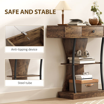 Rasana Metal And Wooden Rustic Brown 3 Tier Console Table With Drawer And Shelves