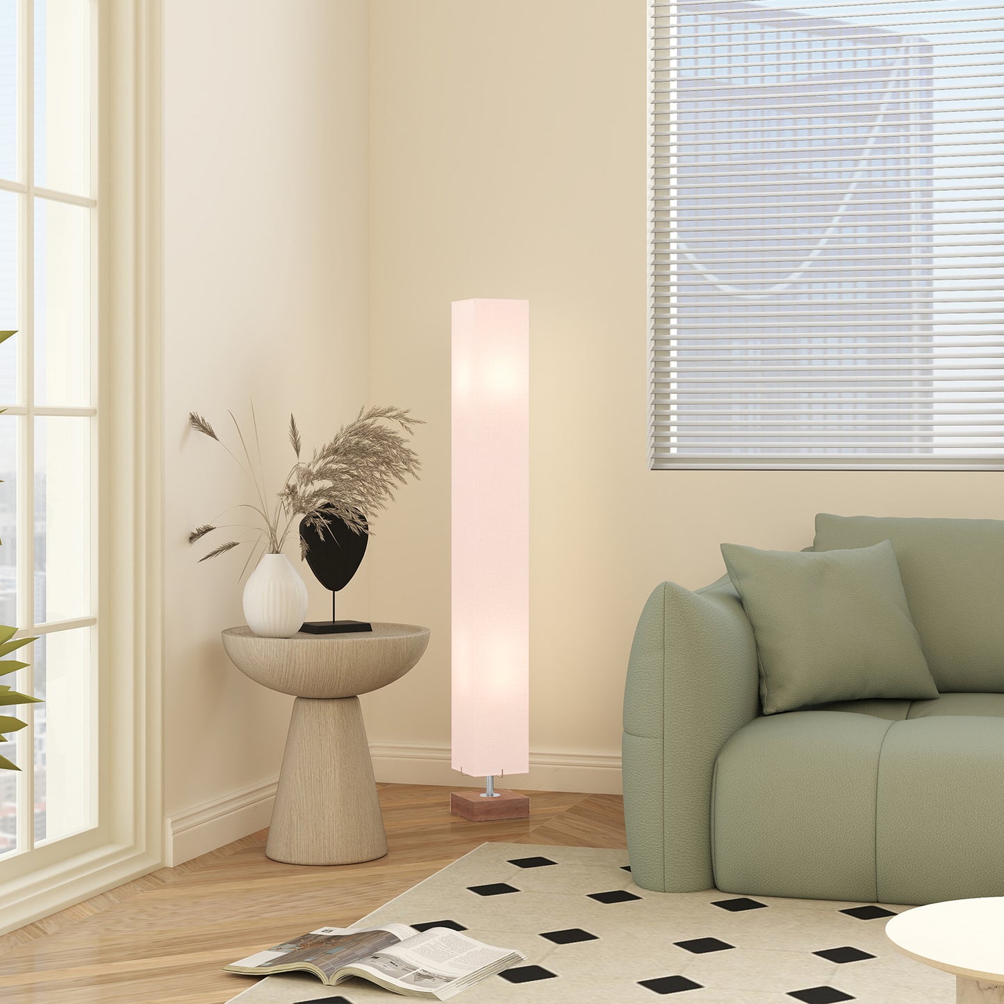 Talini Pine Wood And Fabric Natural Standing Floor Lamp With Linen Shade 120cm