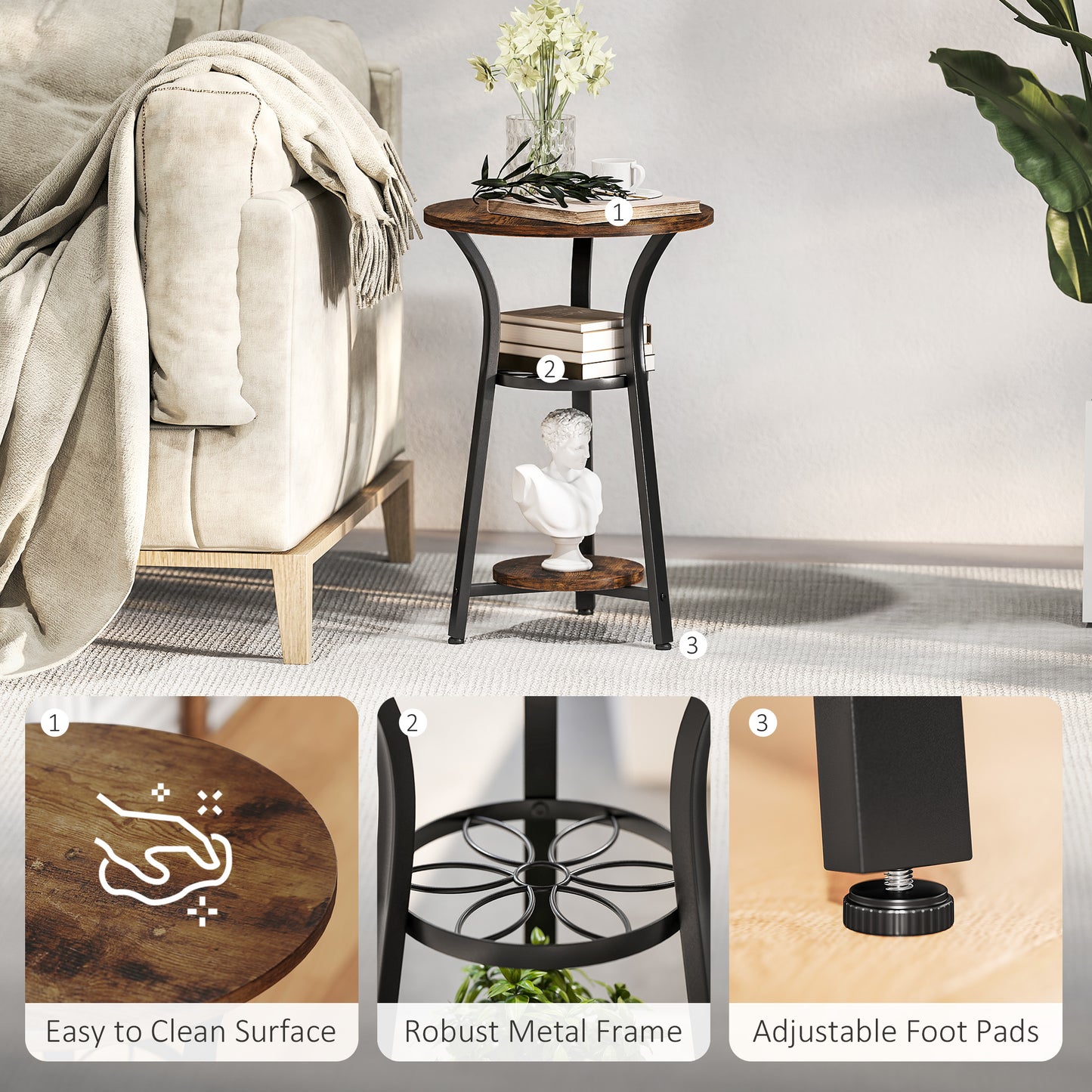 Neri Rustic Brown Wooden Round Side Table With 3 Tier Storage Floral Design
