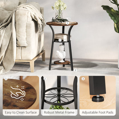 Neri Rustic Brown Wooden Round Side Table With 3 Tier Storage Floral Design