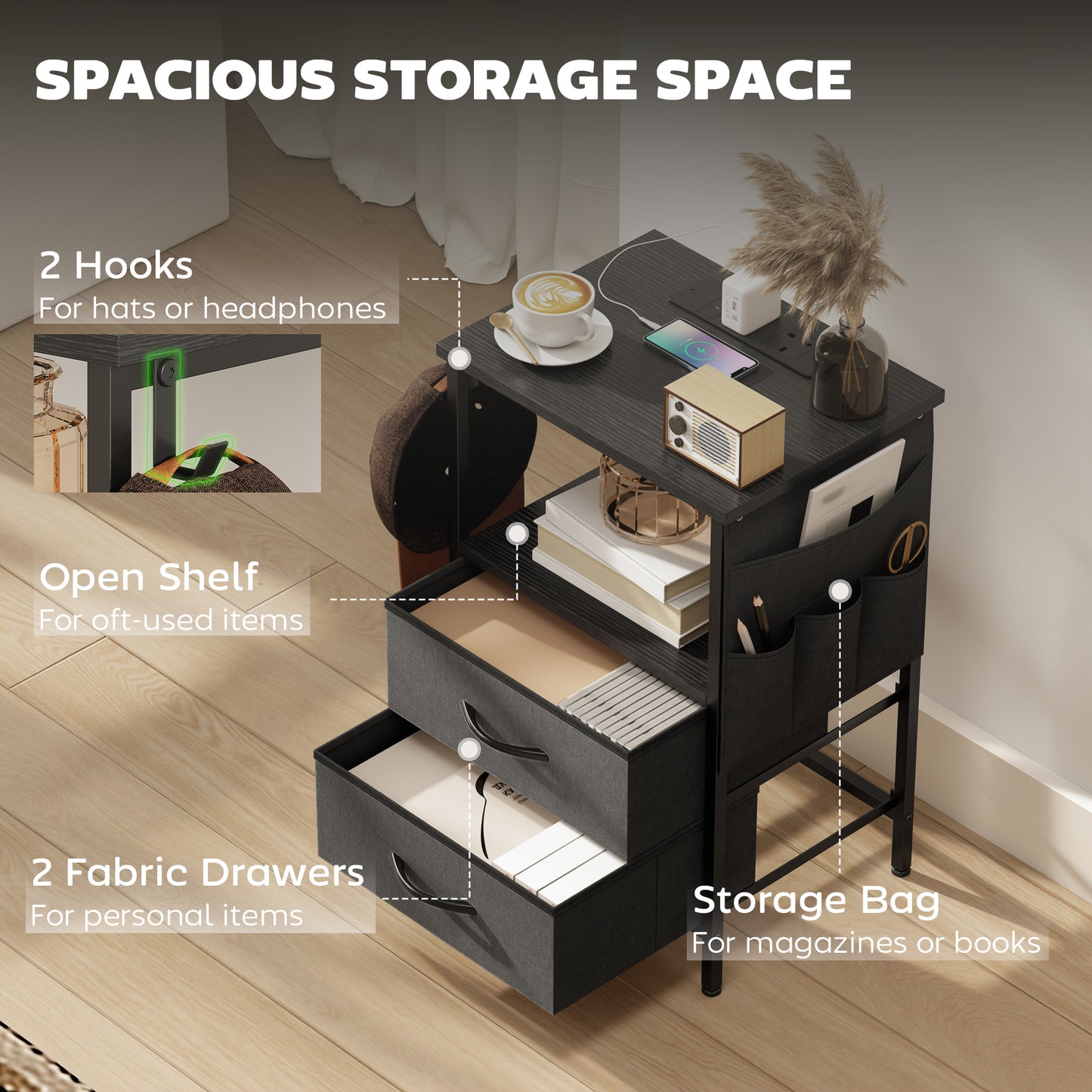 Pado Metal Black Bedside Table 2 Grey Fabric Fold Down Drawers With Integrated Charging Station