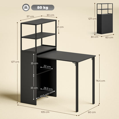Serana 105cm Wooden Black Folding Work Table With Integrated Shelving