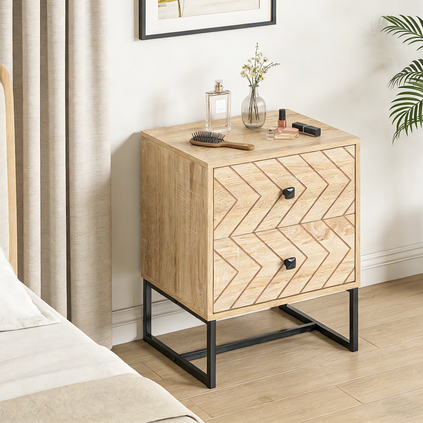 Nema Diso Natural Wood 2 Drawer Nightstand With Zig Zag Chevron Design Black Handles
