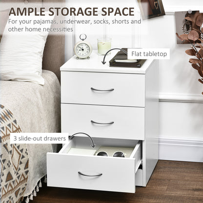 Yotose White Wood 3 Drawer Bedside Table with Silver Metal Handles