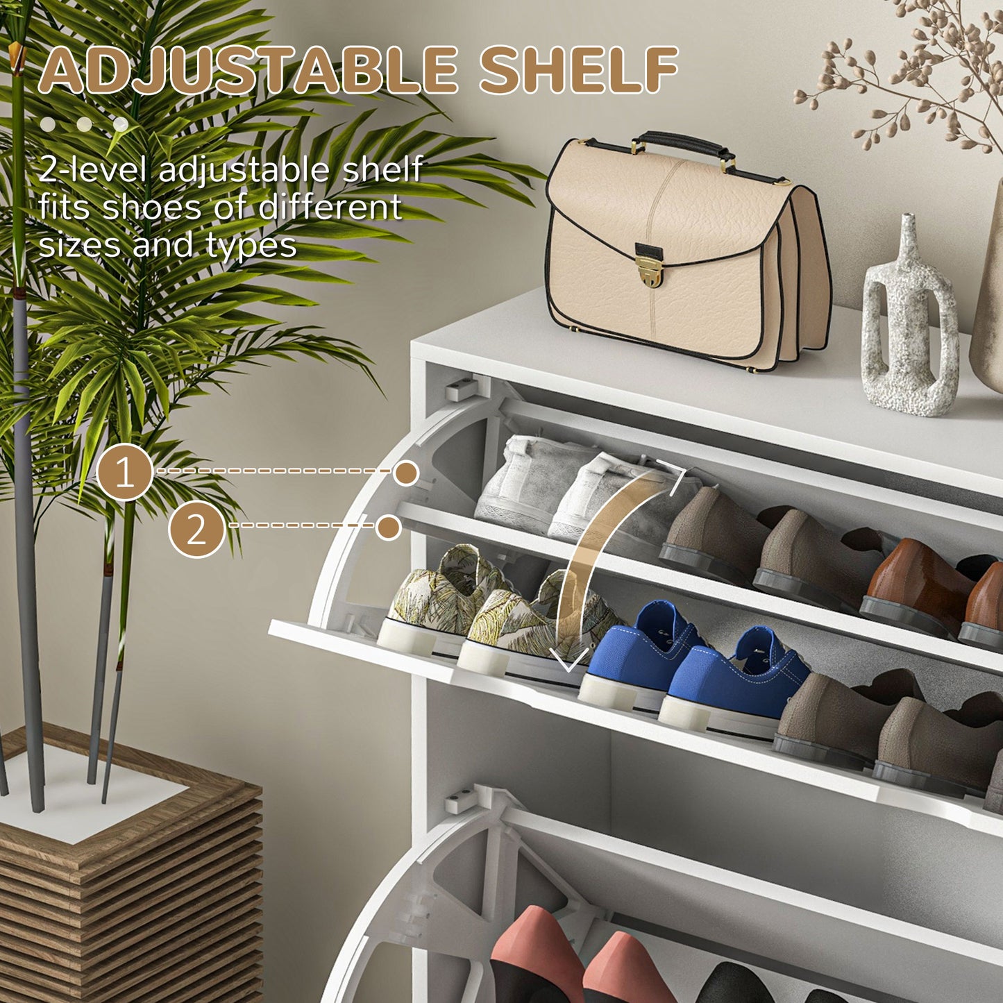 Nelu Neka Wooden White Slim Entryway Shoe Cabinet With 2 Flip Drawers Slatted Design