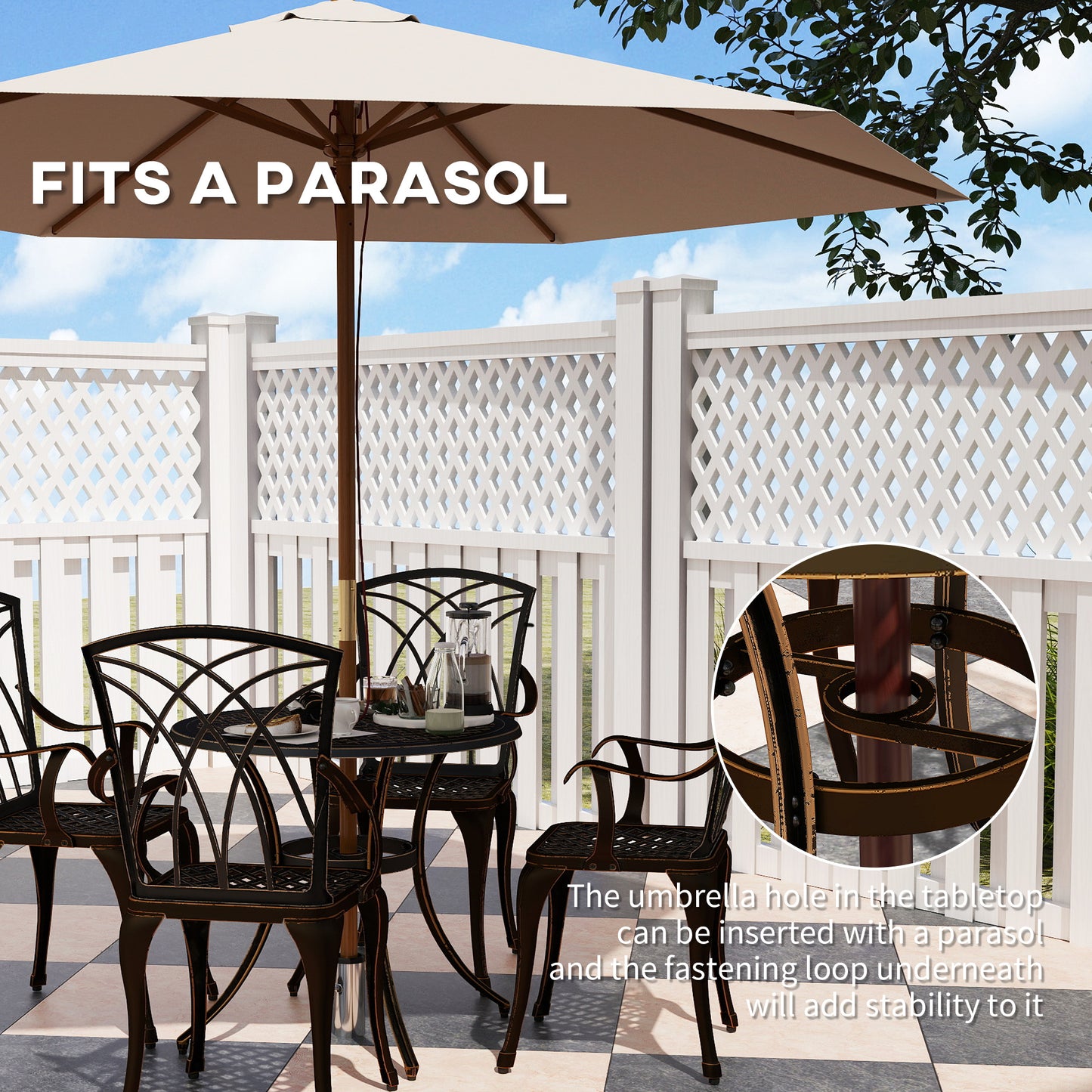 Sake 4 Seater Garden Dining Set Bronze Cast Aluminium Round Table with Parasol Hole