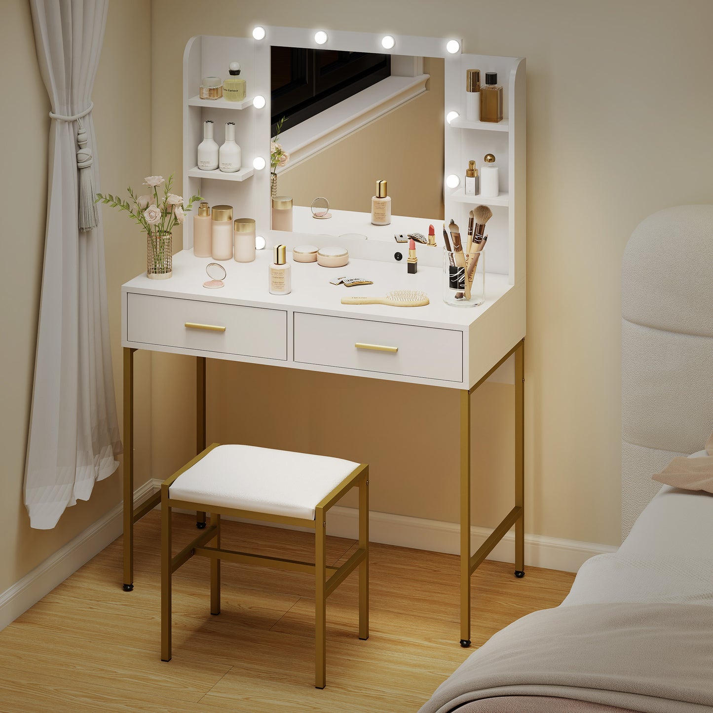 Doraro White LED Dressing Table With Lighted Mirror Cushioned Stool Drawers And Shelves