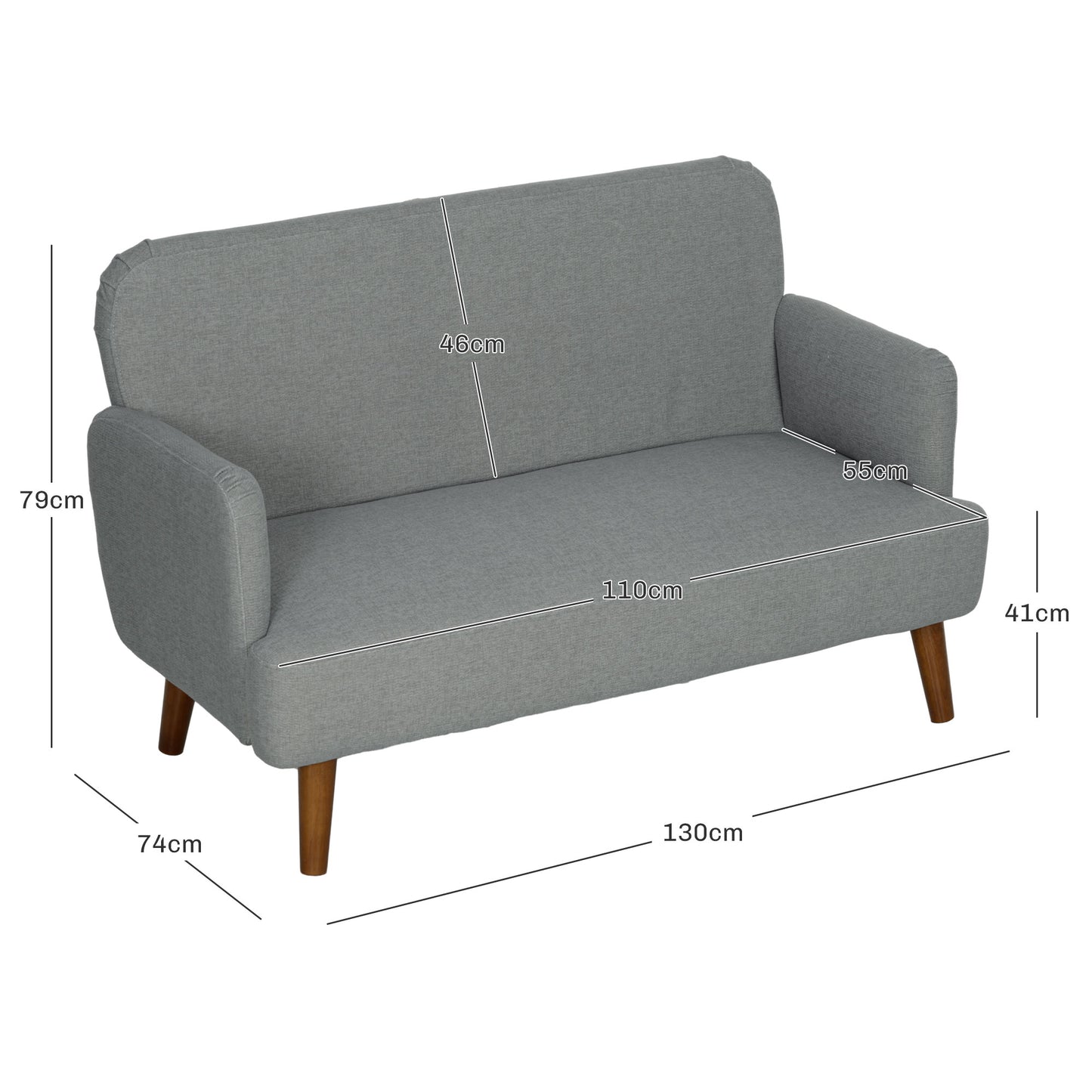 Midi Tami Grey Velvet Compact 2 Seater Sofa With Extra Thick Padding And Wooden Legs