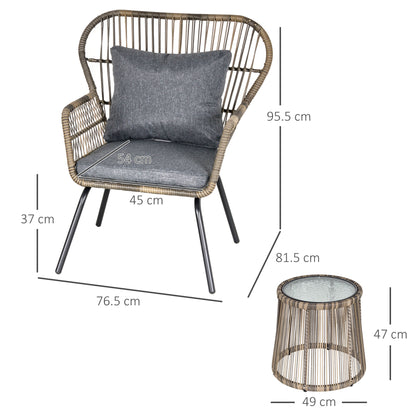 Lozifa Natural Rope 3 Piece Garden Bistro Set With Grey Cushions And Glass Coffee Table