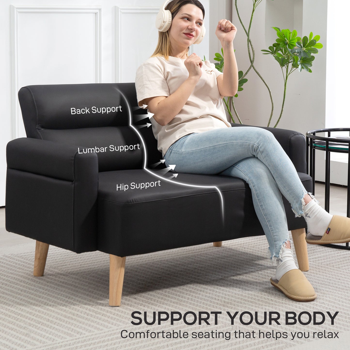 Raha Black Faux Leather Compact 2 Seater Sofa