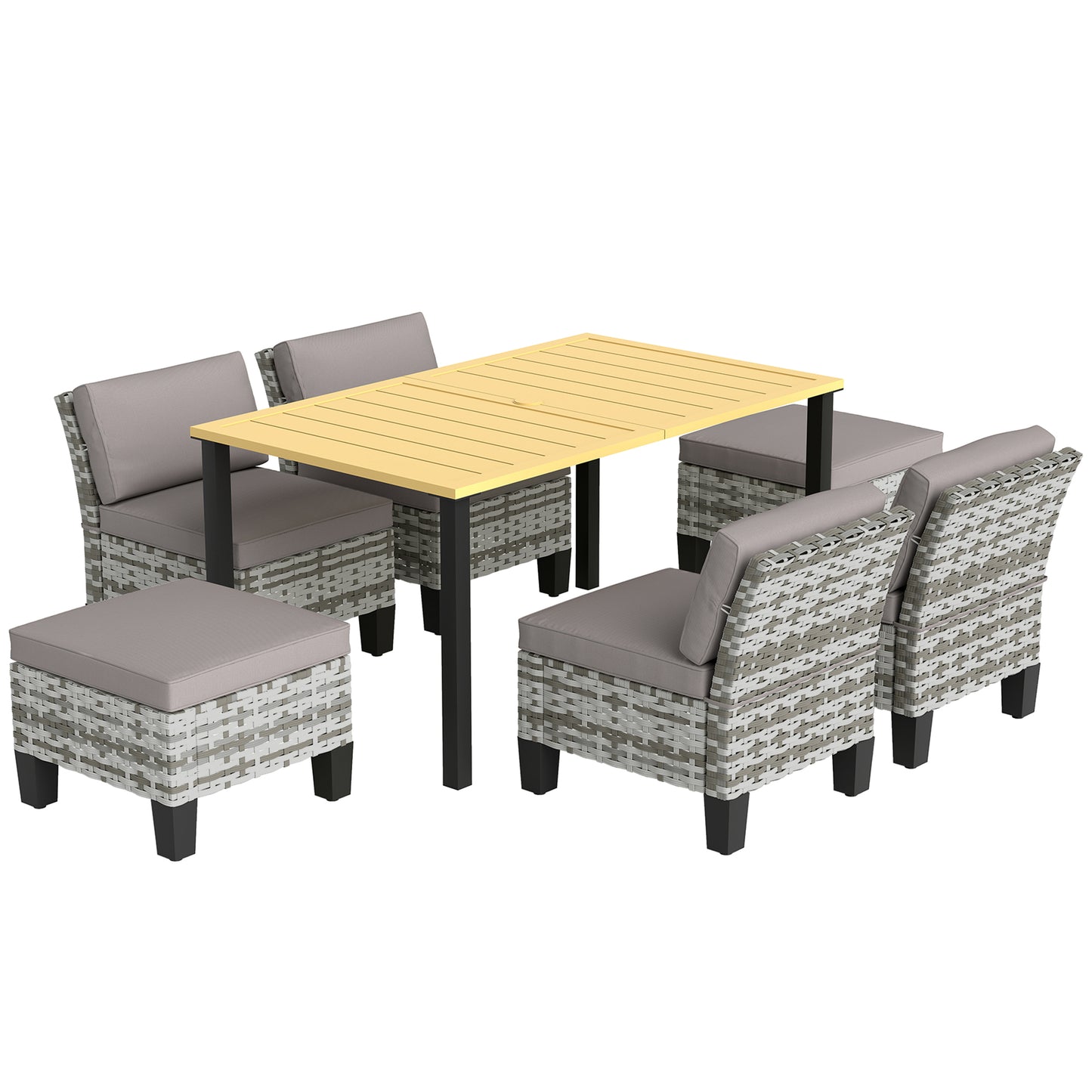 Luzise Grey Rattan 6 Seater Outdoor Dining Furniture Set Natural Wooden Rectangular Table