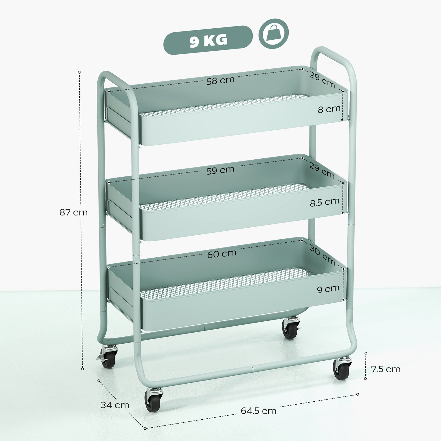 Nokeyo Metal Light Green 3 Tier Rolling Utility Trolley With Mesh Baskets