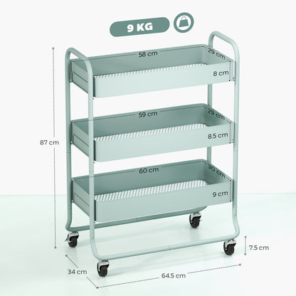 Nokeyo Metal Light Green 3 Tier Rolling Utility Trolley With Mesh Baskets