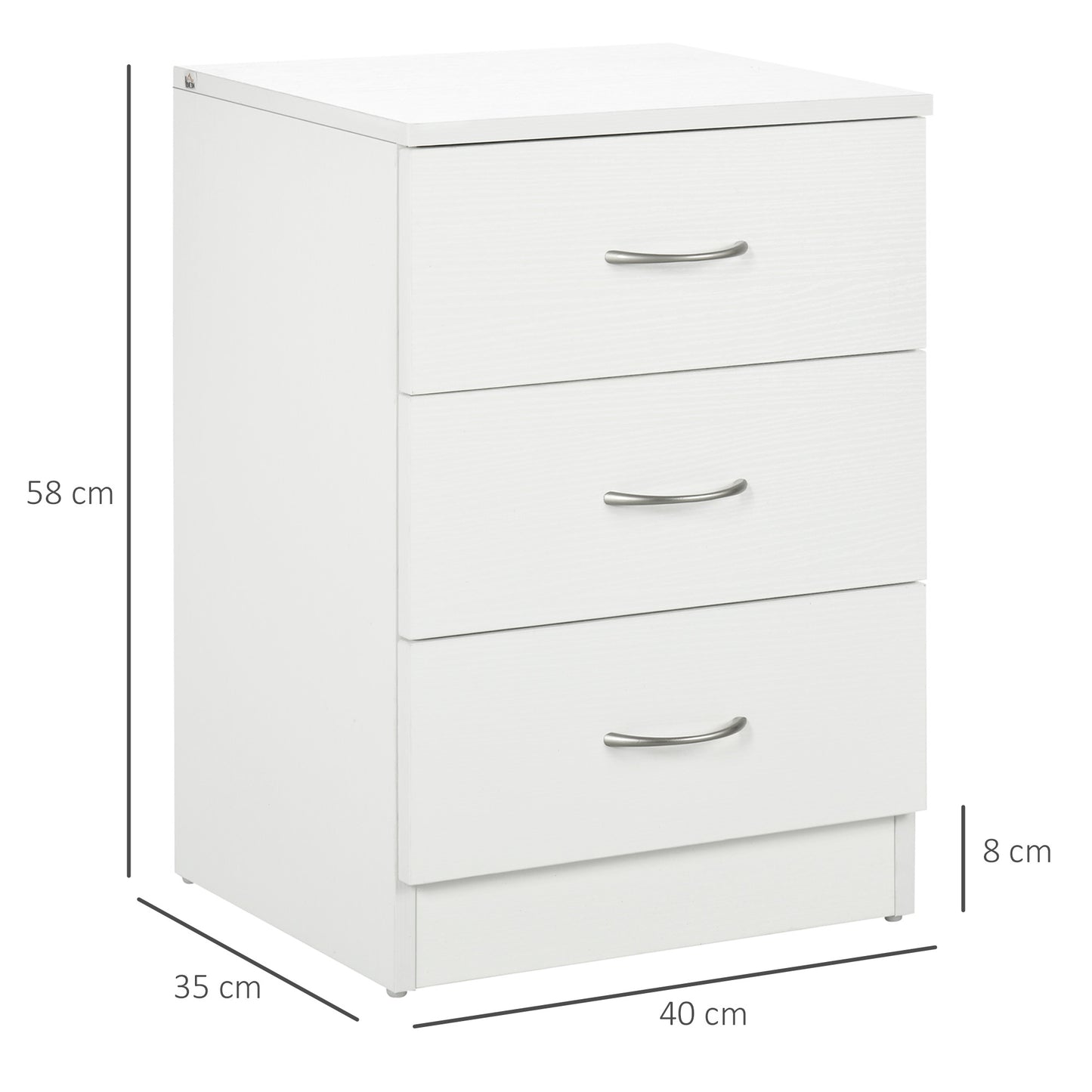 Yotose White Wood 3 Drawer Bedside Table with Silver Metal Handles