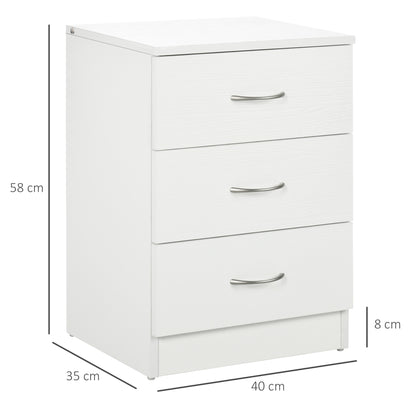 Yotose White Wood 3 Drawer Bedside Table with Silver Metal Handles