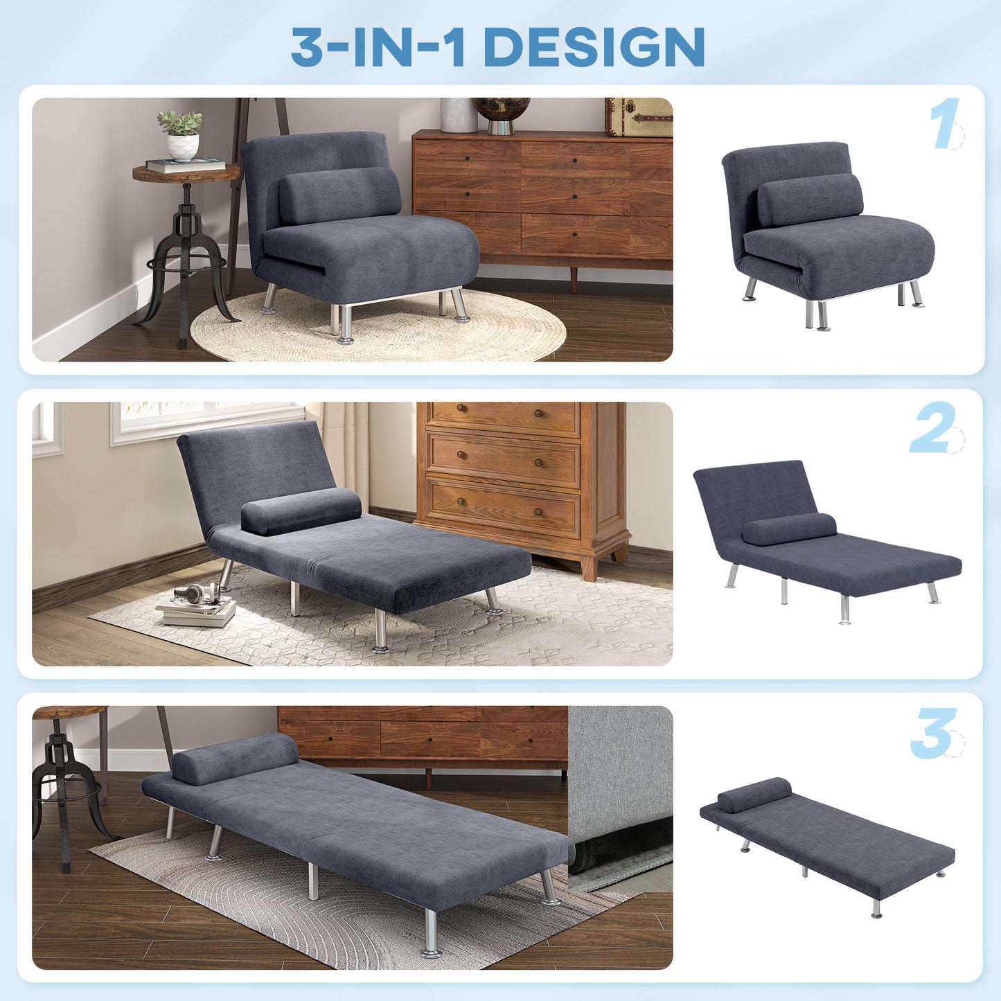 Tomi Safi Charcoal Grey Velvet Single Sleeper Chair