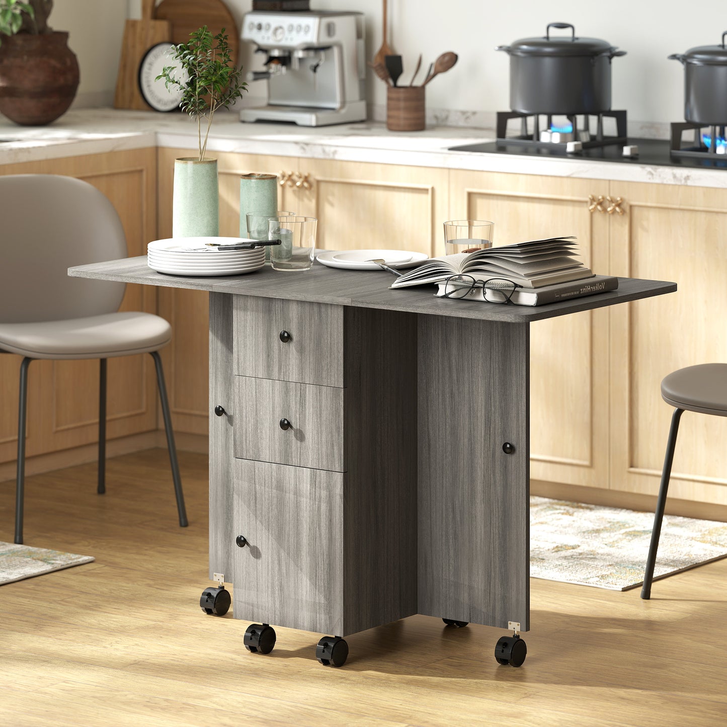 Todiralo Wooden Grey Drop Leaf Dining Table With Built In Storage For 6