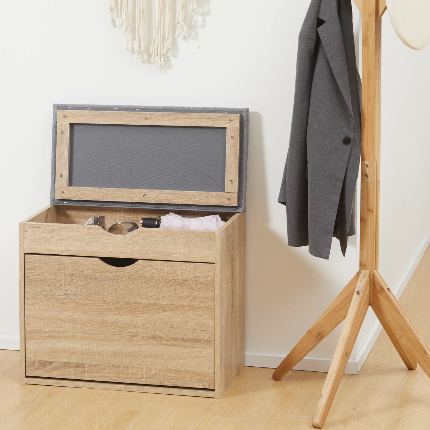 Zielma Wooden Natural Shoe Bench With Flip Up Storage And Grey Cushioned Seat