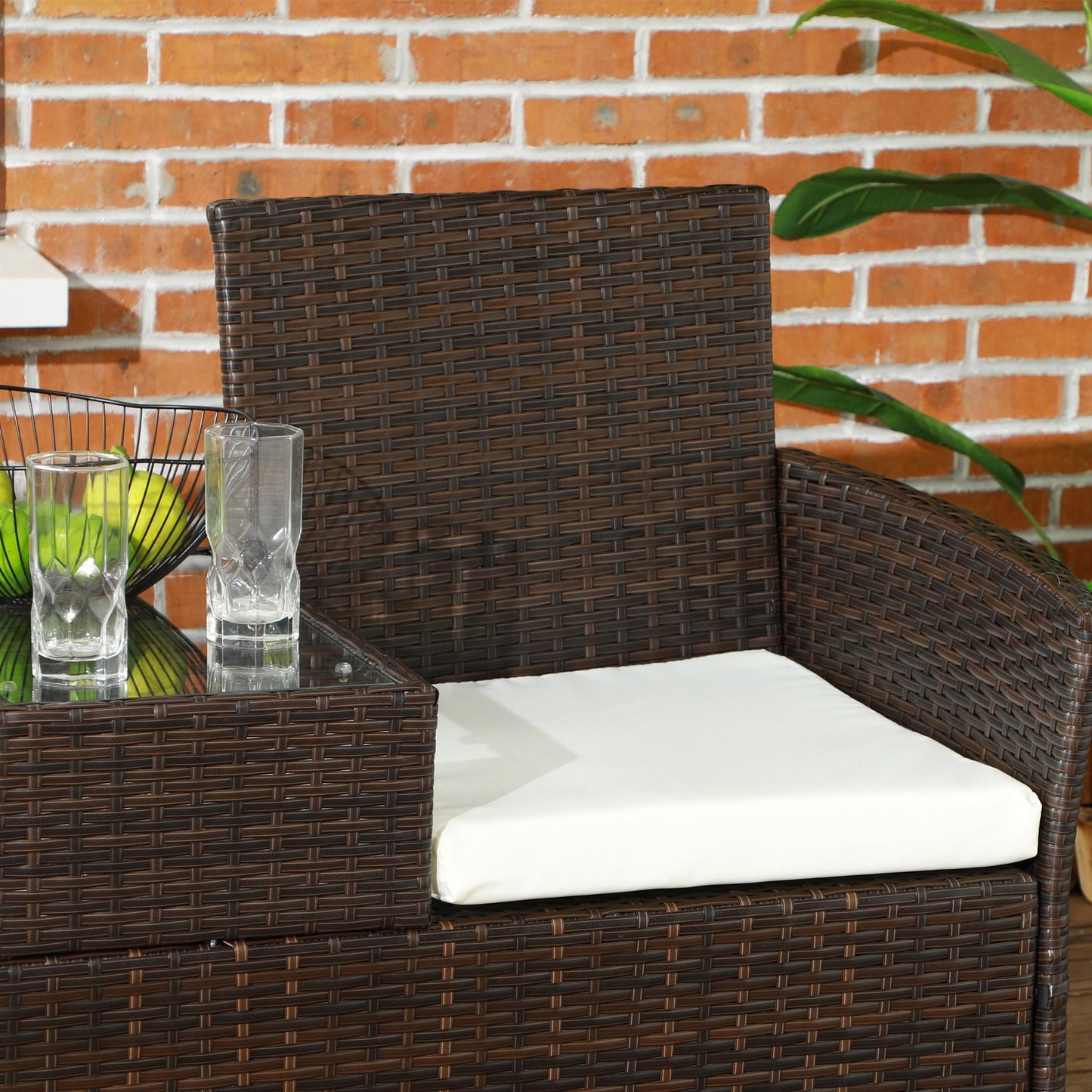 Renata Faux Rattan Brown 2 Seat Garden Chair With Integrated Coffee Table