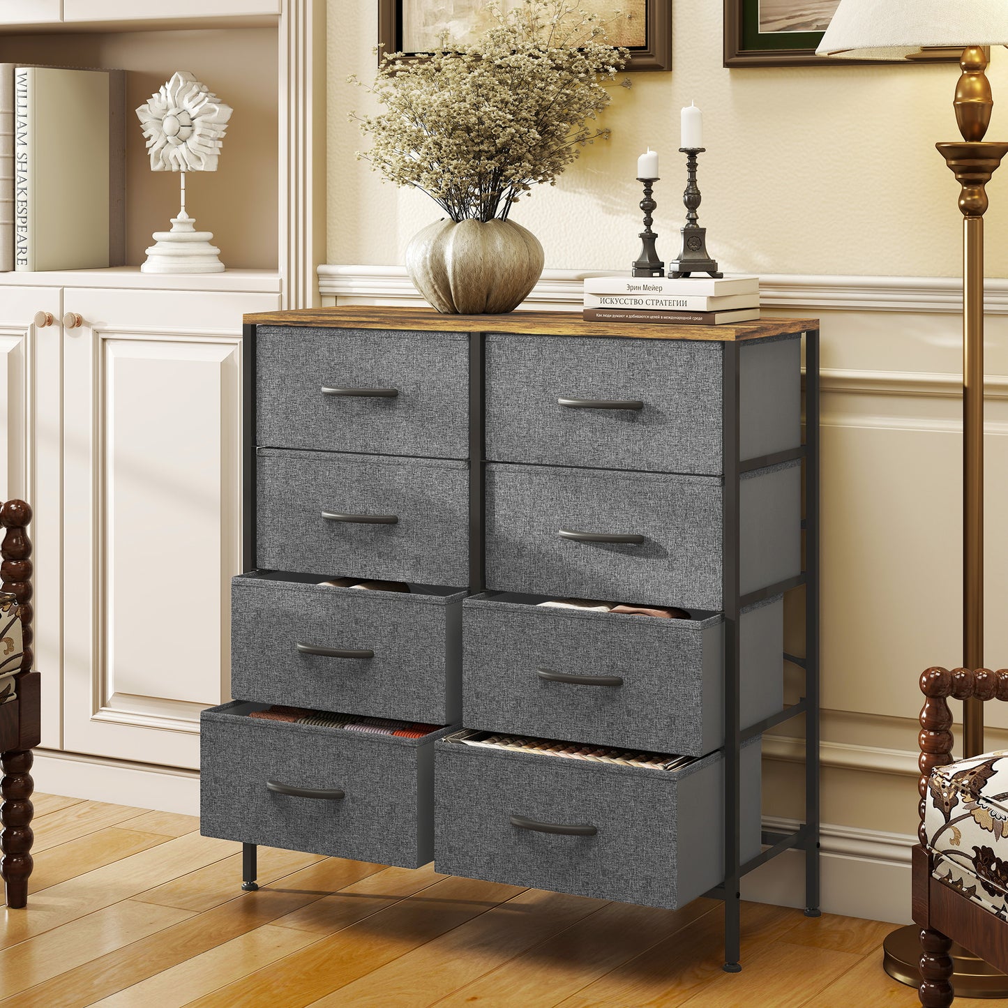 Rene Metal And Fabric Rustic Brown And Grey 8 Drawer Industrial Storage Dresser