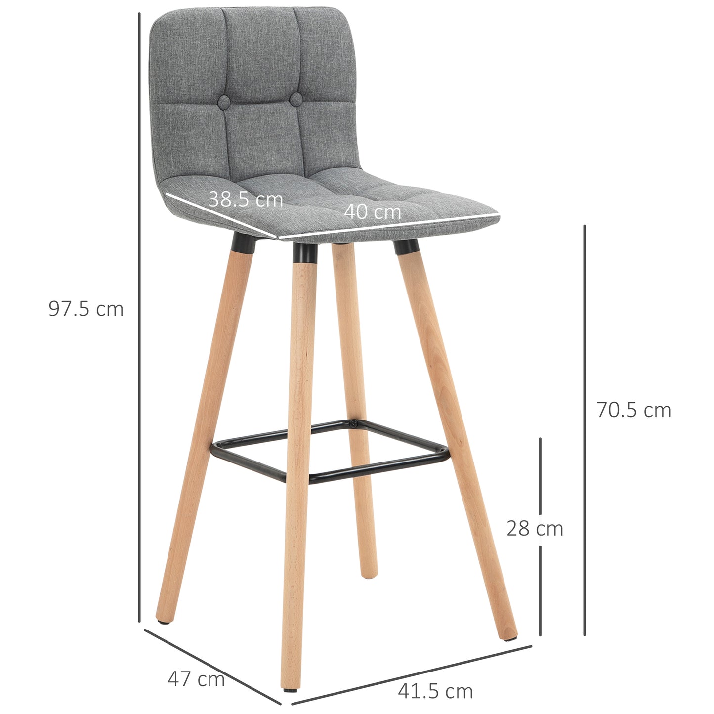 Surmi Set Of 2 Fabric Grey Button Tufted Counter H8 Bar Chairs With Wood Legs