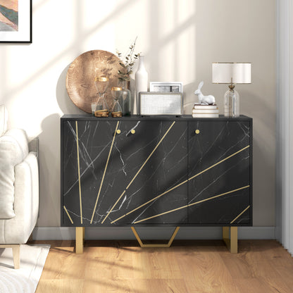 Suno Black Marble Effect Sideboard Golden Metal Legs 3 Doors