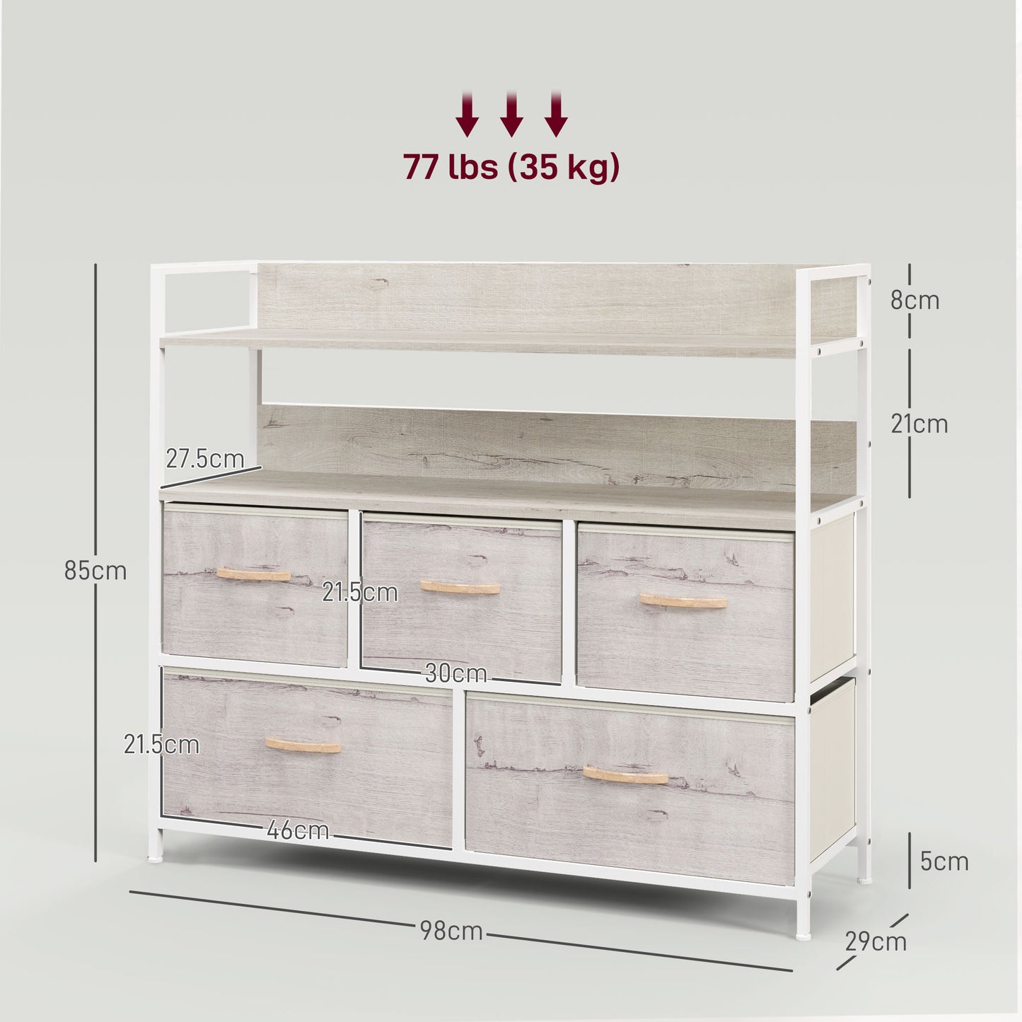 Nakatte White Metal and Grey Fabric 5 Drawer Storage Chest