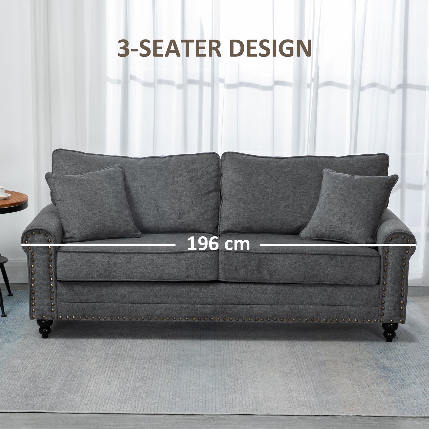 Tael Yolo Grey Fabric 3 Seater Sofa With Nail Head Trim And 2 Cushions