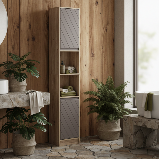 Kaeldo Slim Bathroom Storage Cabinet With OFauxn Compartment Adjustable Shelves Grey And Oak