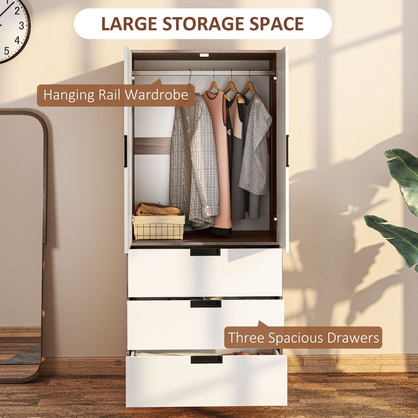 Coracasa White And Brown 2 Door Wardrobe With Hanging Rail and 3 Drawer Storage Unit