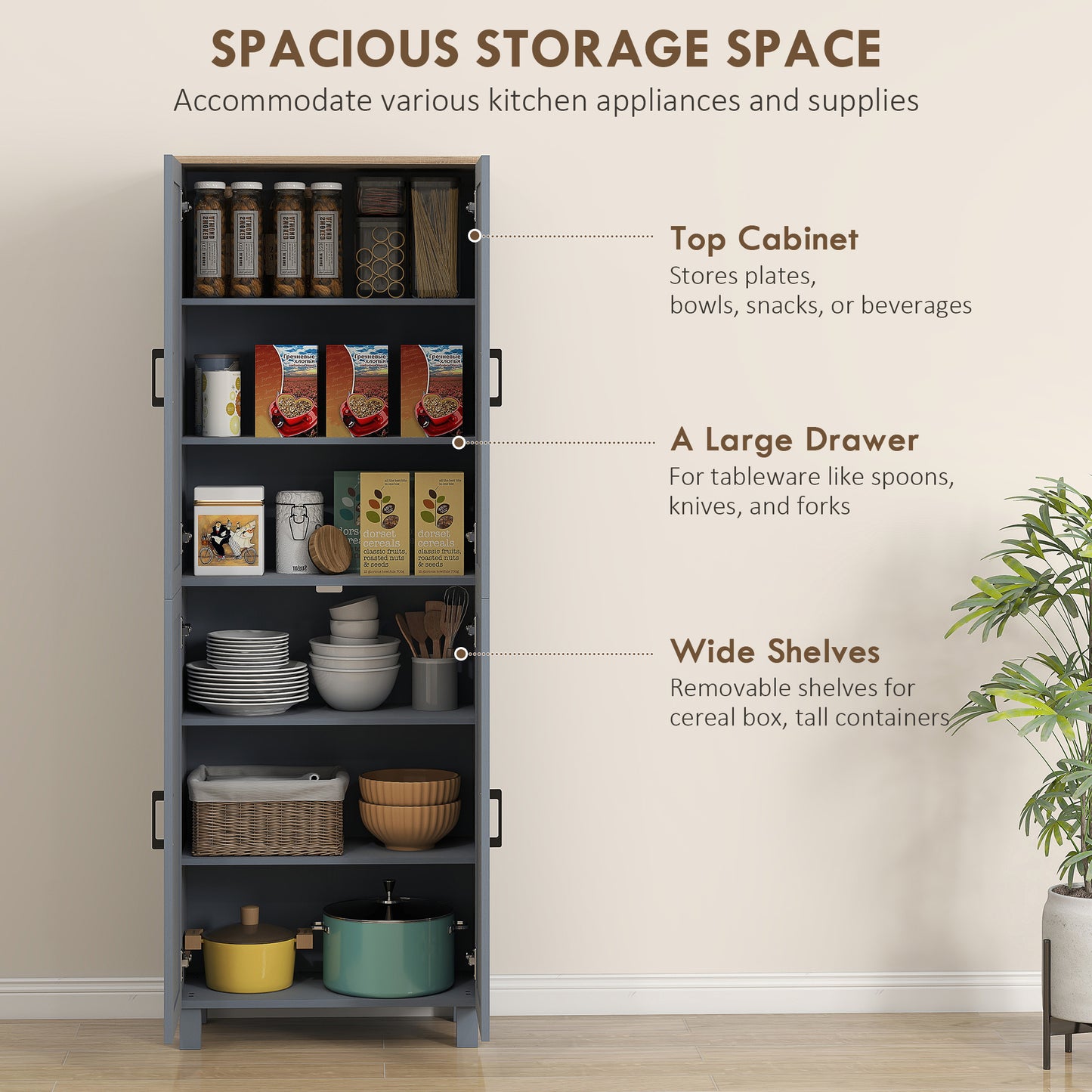 Parare 171cm Wooden Grey Wood Effect 4 Door Freestanding Kitchen Pantry Cabinet