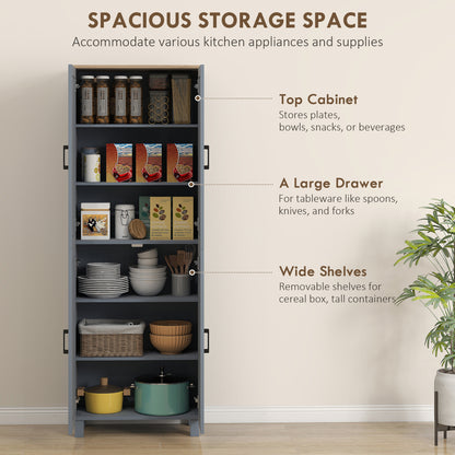 Parare 171cm Wooden Grey Wood Effect 4 Door Freestanding Kitchen Pantry Cabinet