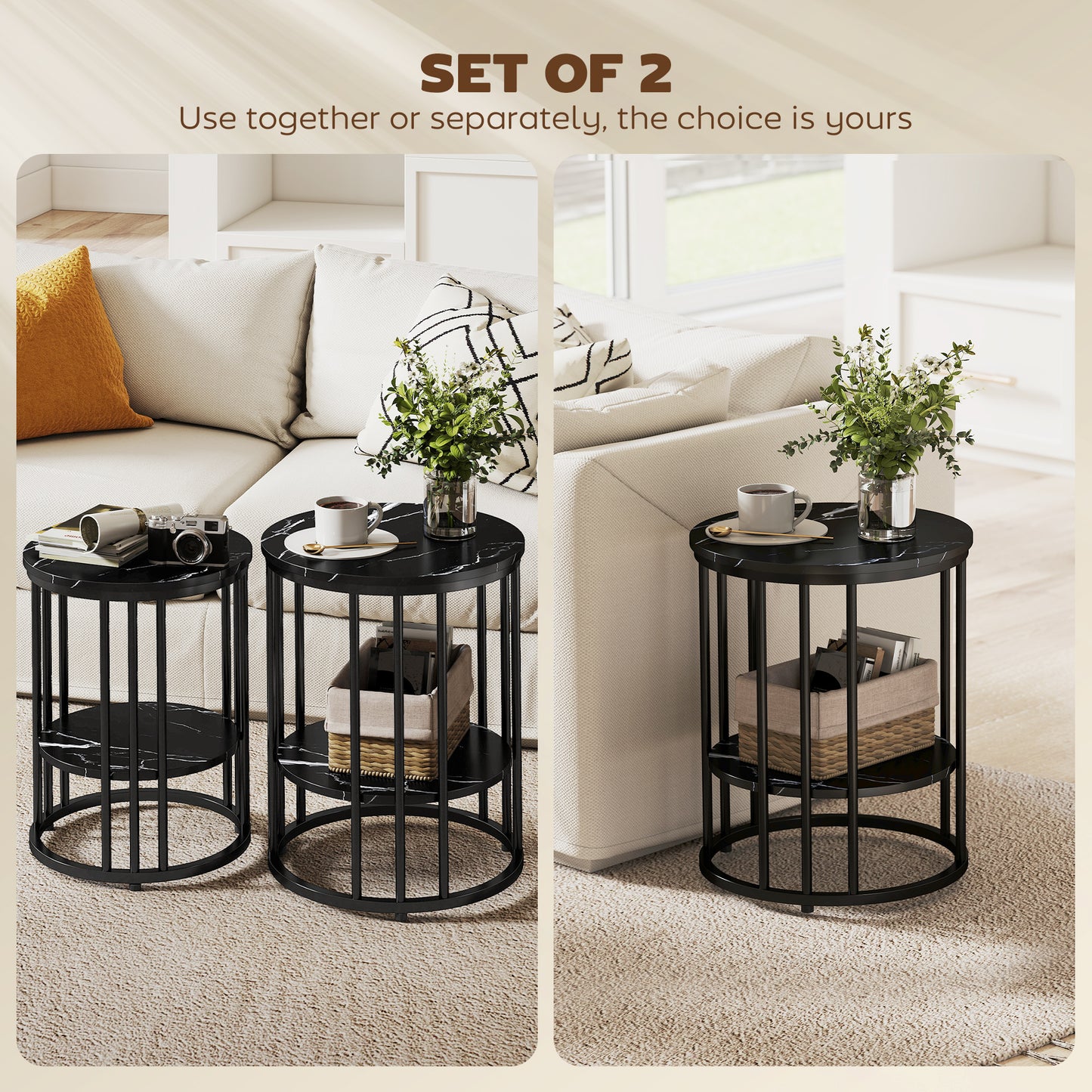 Dilisu Set Of 2 Wooden Black Marble Effect Coffee Tables