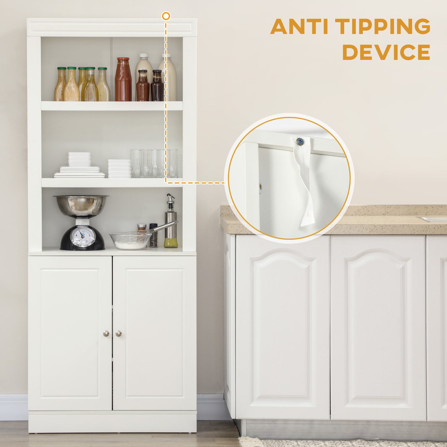 Kala Wooden White 6 Tier Freestanding Kitchen Cupboard With OFauxn Compartments And Double Doors