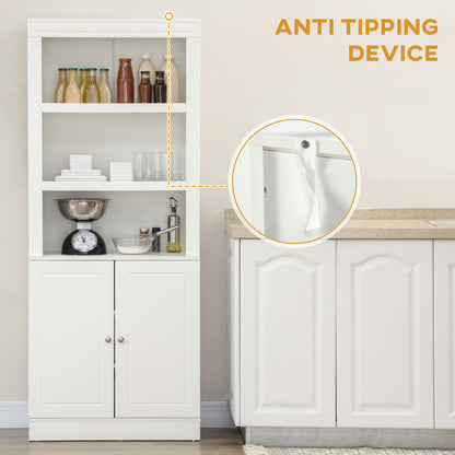 Kala Wooden White 6 Tier Freestanding Kitchen Cupboard With OFauxn Compartments And Double Doors