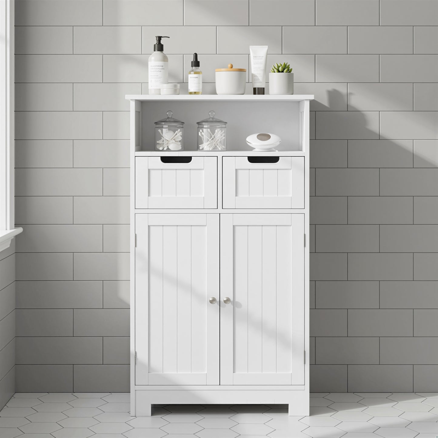 Sore Neco Freestanding White Bathroom Storage Unit With 2 Drawers And Adjustable Shelving