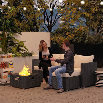 Misa Rattan Black And Cream 5 Piece Garden Furniture Set With Gas Fire Pit Table And Footstool