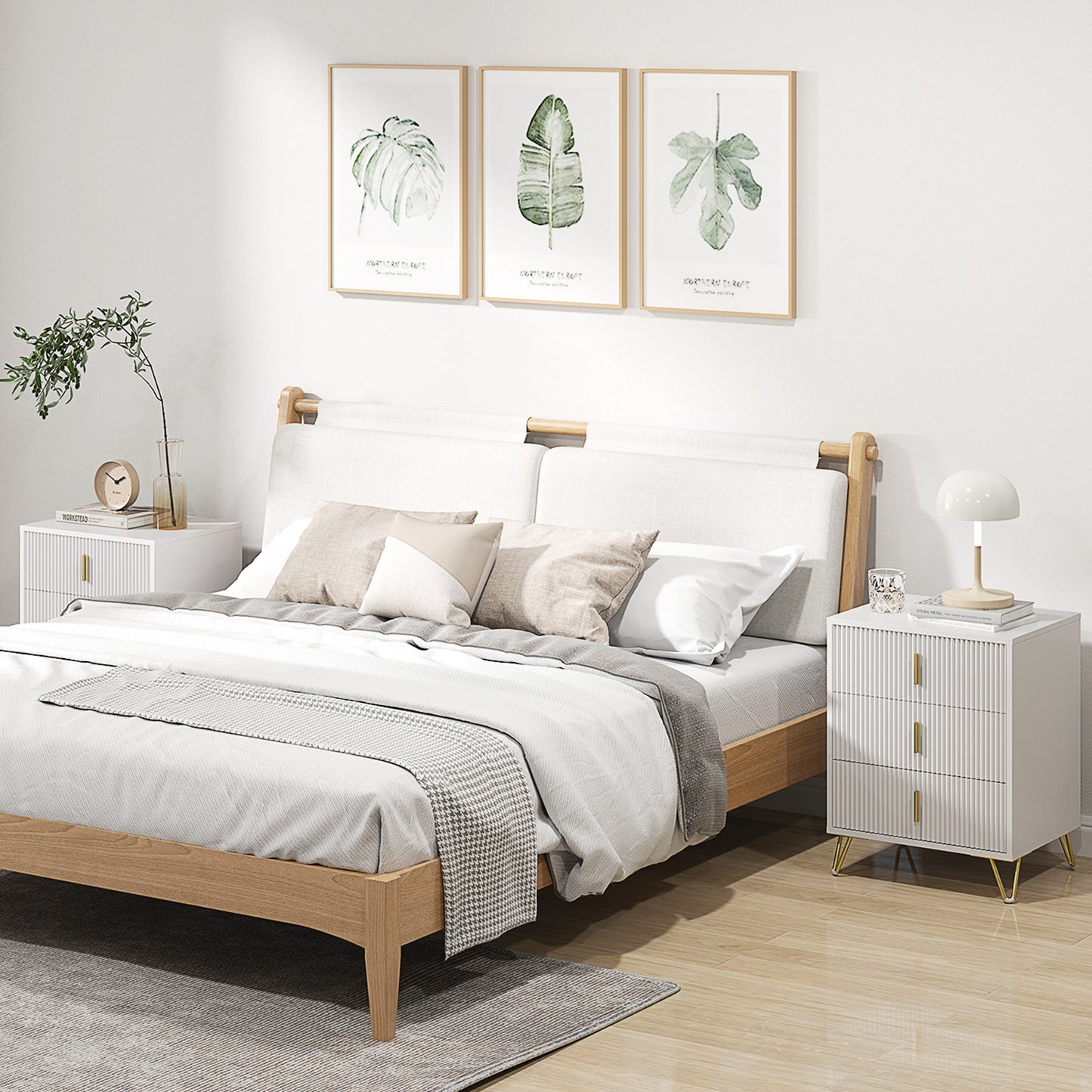 Renina Set Of 2 Wooden White and Gold Tone 3 Drawer Elegant Storage Bedside Tables