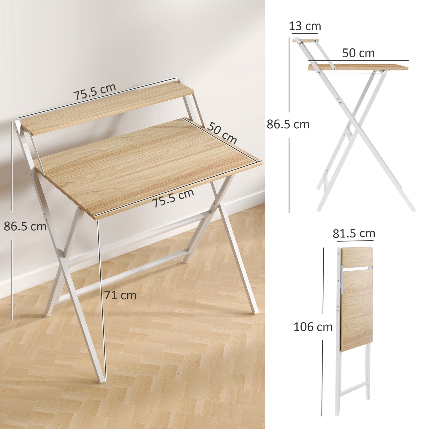 Mane  81.5cm Wooden Natural Folding Desk With Raised Monitor Shelf