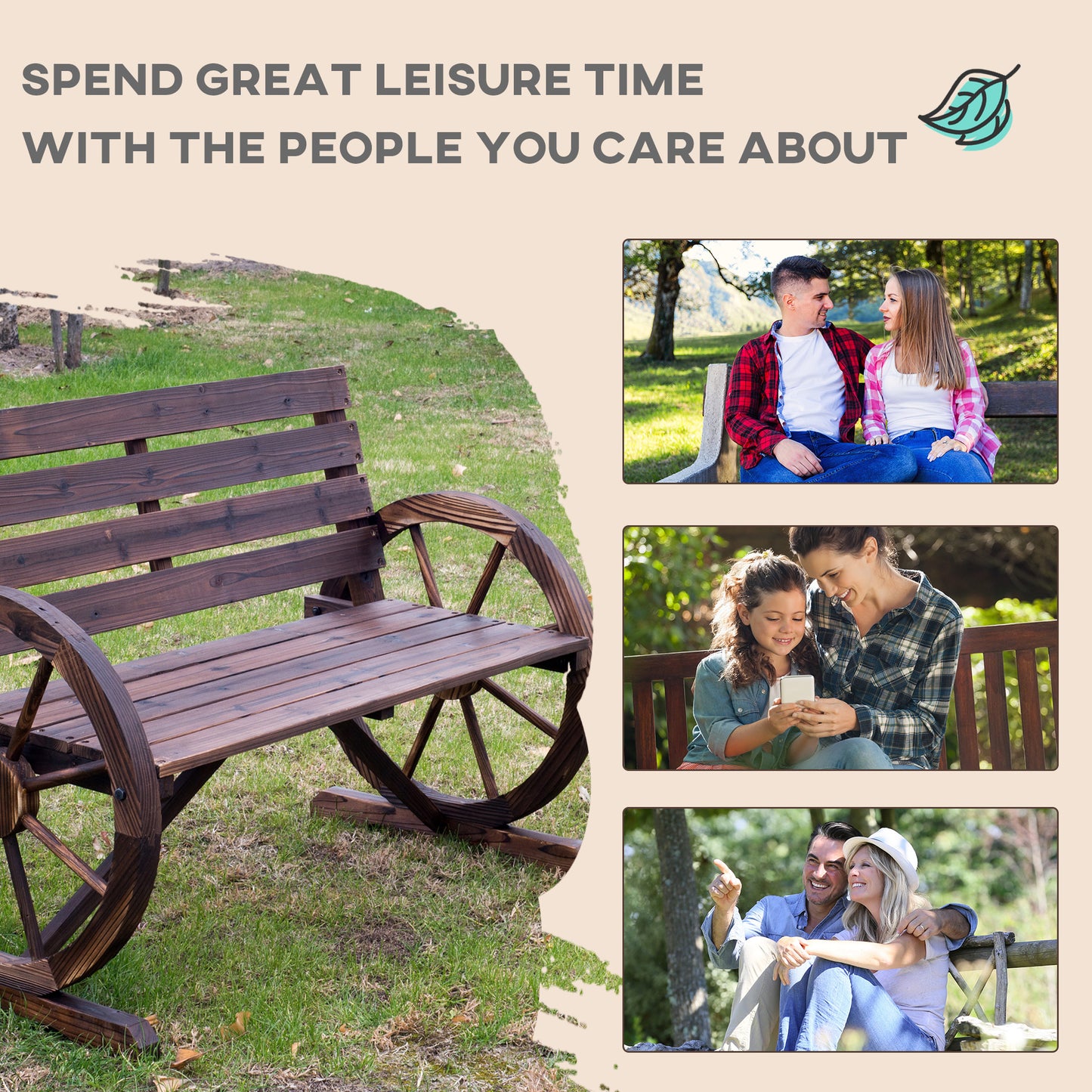 Linifi Wood Brown Rustic 2 Seater Garden Bench With Wagon Wheel Arms And High Back