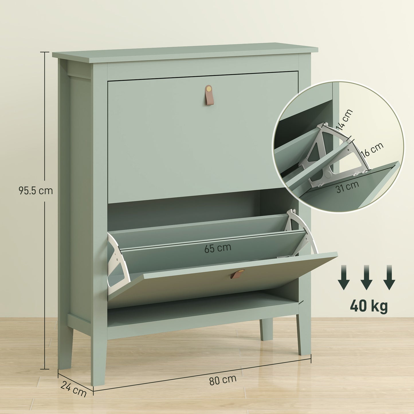 Sela Wooden Mint Green Modern 2 Drawer Shoe Cabinet  Faux Leather Handles