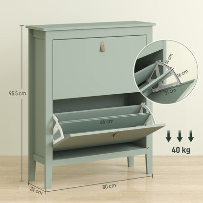 Sela Wooden Mint Green Modern 2 Drawer Shoe Cabinet  Faux Leather Handles