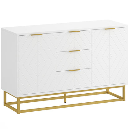 Luka White Sideboard 3 Drawers 2 Doors Chevron Design Gold Accents