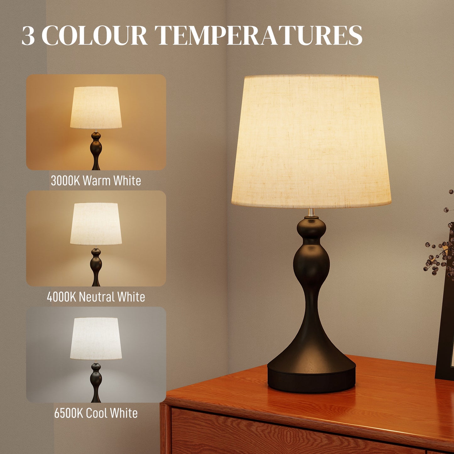 Loke Rata Metal Black And Beige Set Of 2 Touch Table Lamps With USB Ports And 3 Colour Light